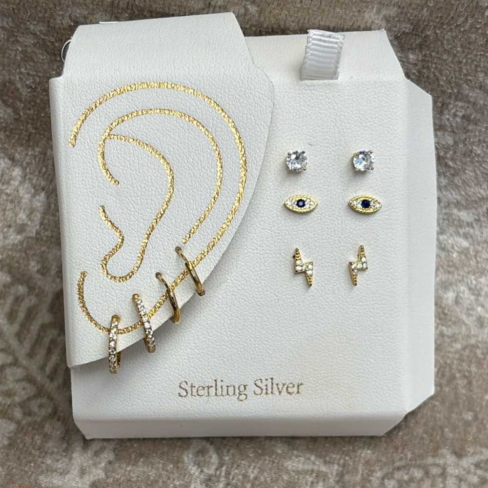 Brand New Sterling Silver 5 Pairs Post Stud Hoop Earrings Eye Lightning Bolt